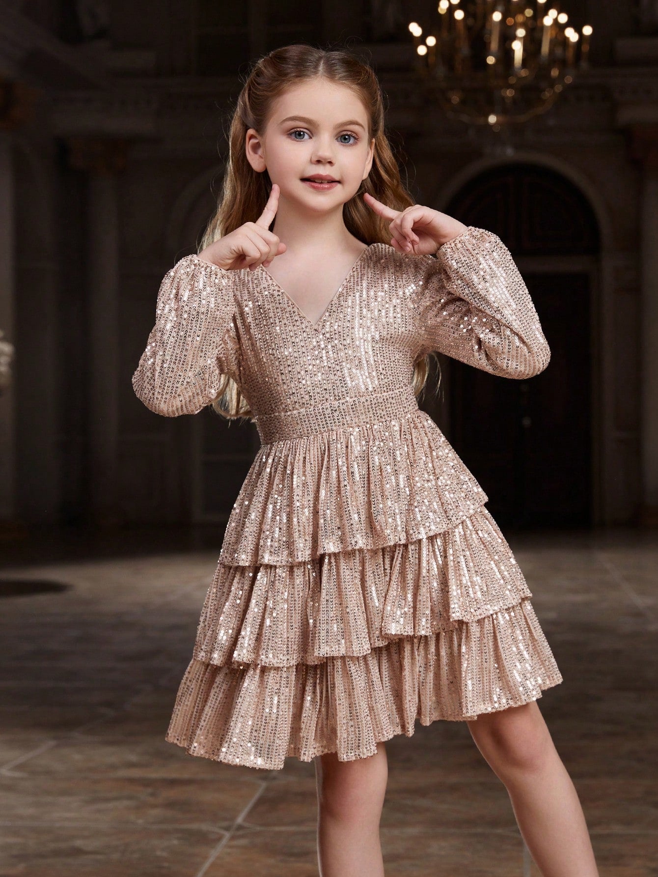 Tween Girl Sequin Party Dress - V Neck, Long Bishop Sleeves, Tiered Hem, Midi Length