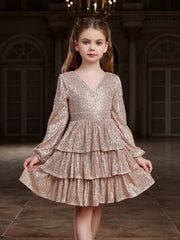 Tween Girl Sequin Party Dress - V Neck, Long Bishop Sleeves, Tiered Hem, Midi Length