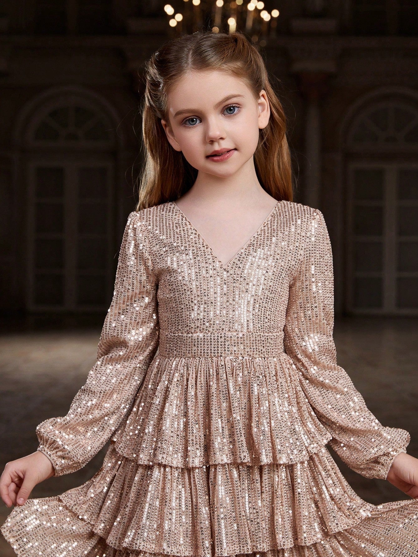 Tween Girl Sequin Party Dress - V Neck, Long Bishop Sleeves, Tiered Hem, Midi Length