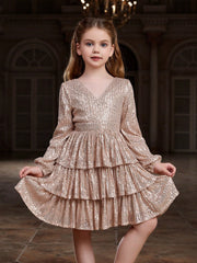 Tween Girl Sequin Party Dress - V Neck, Long Bishop Sleeves, Tiered Hem, Midi Length