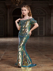 Tween Girl Sequin Mermaid Dress - Off-Shoulder, Puff Sleeve, Party Style