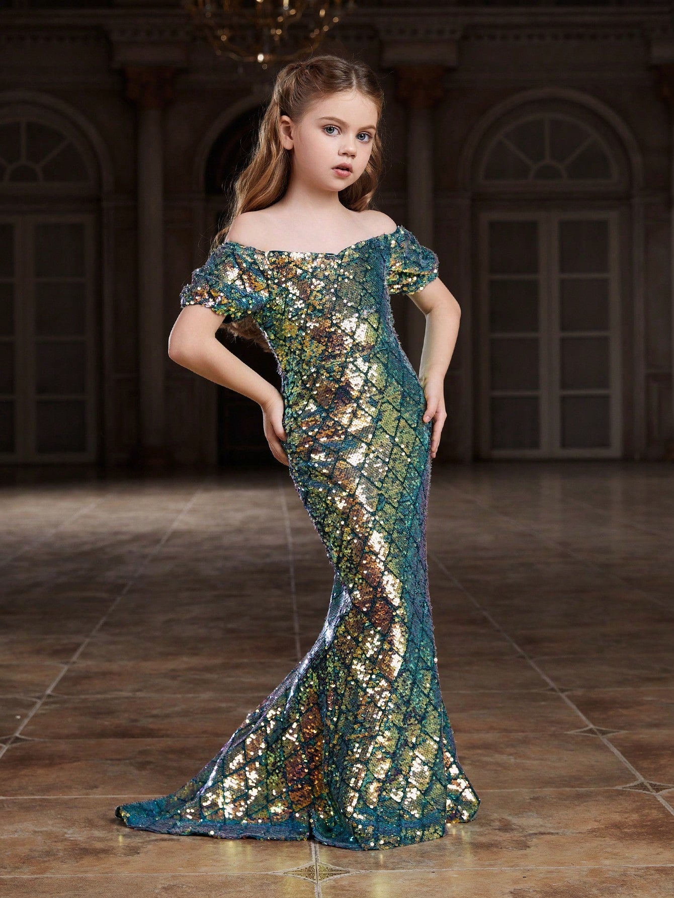 Tween Girl Sequin Mermaid Dress - Off-Shoulder, Puff Sleeve, Party Style