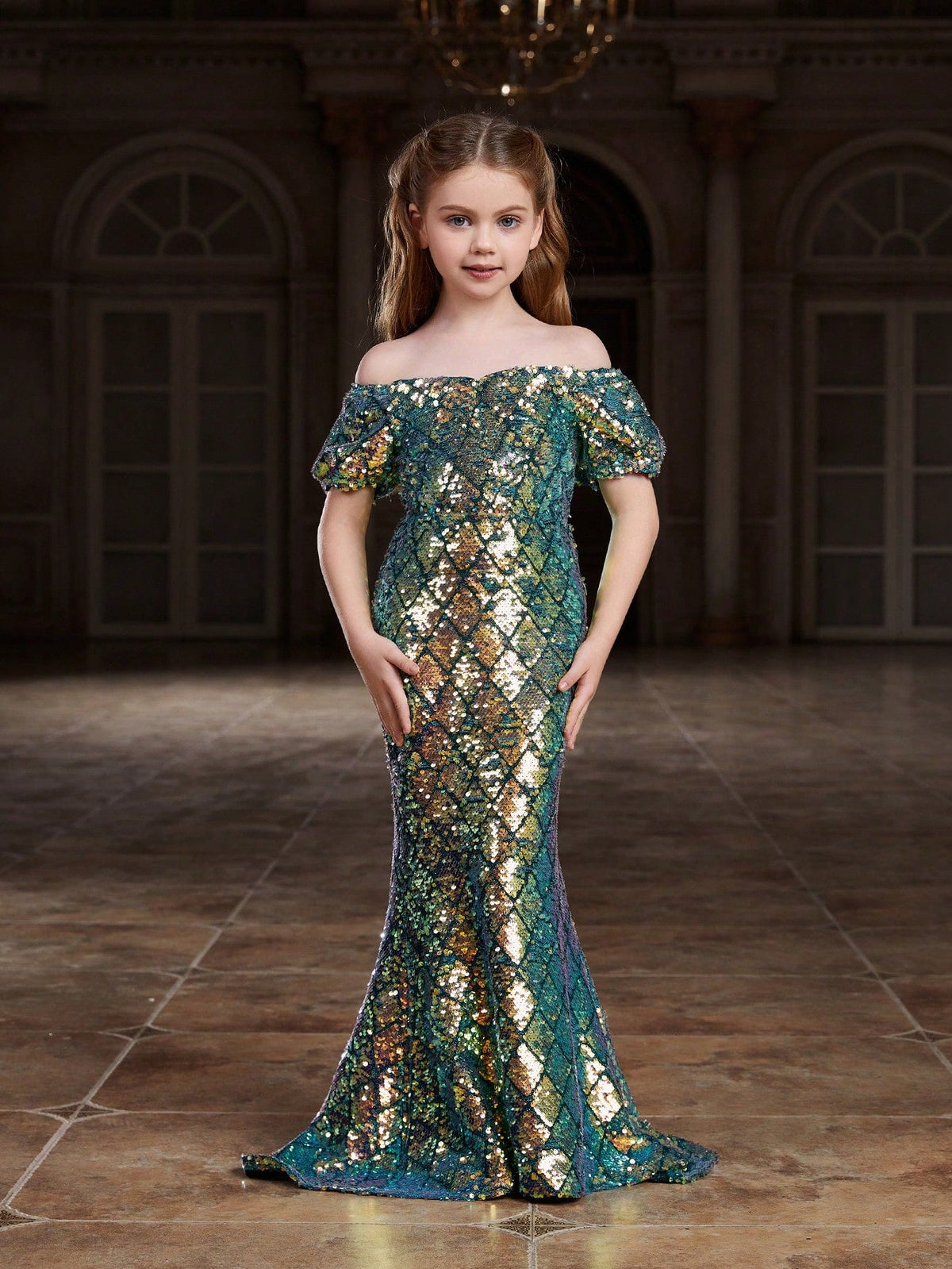 Tween Girl Sequin Mermaid Dress - Off-Shoulder, Puff Sleeve, Party Style