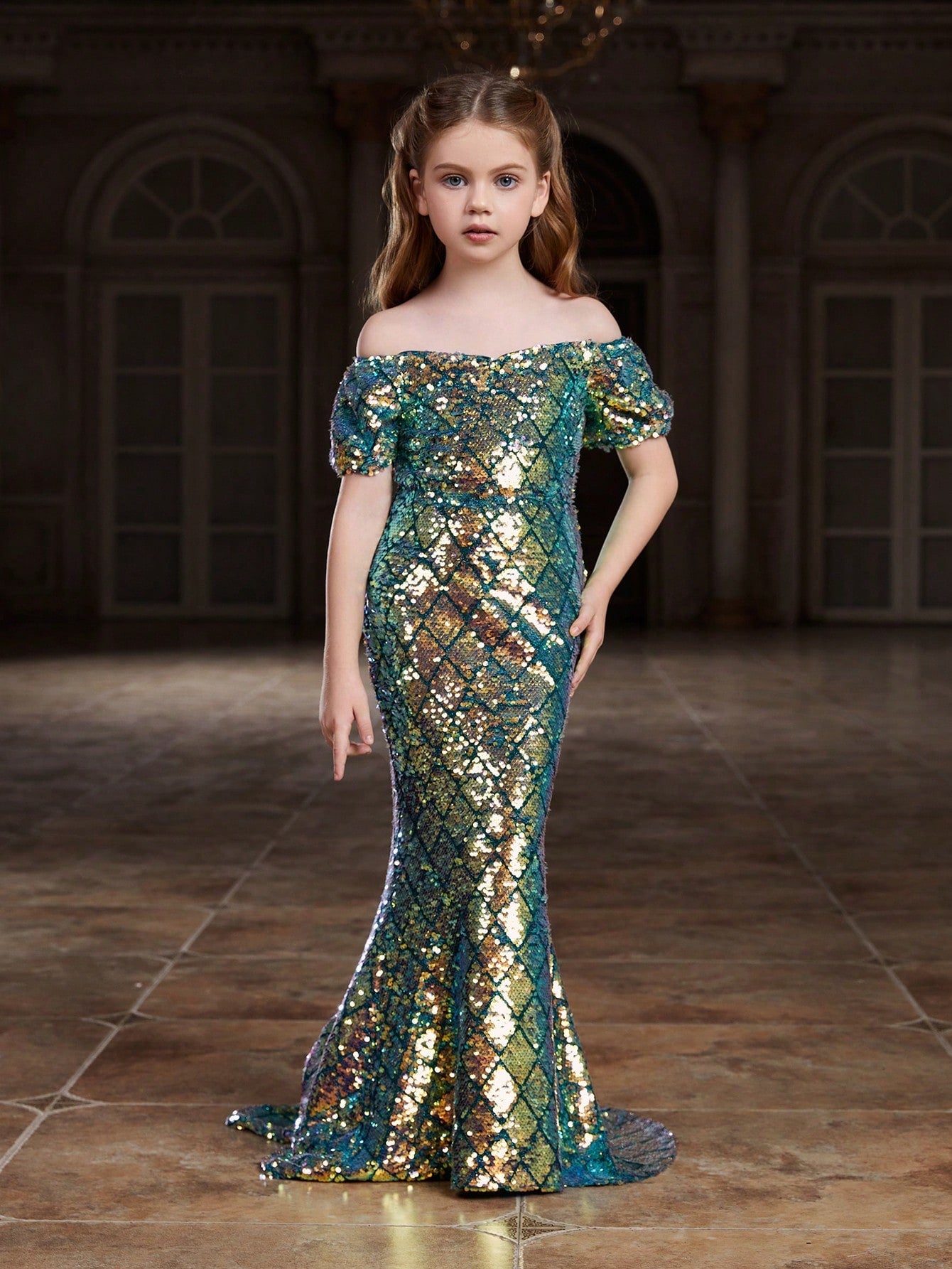 Tween Girl Sequin Mermaid Dress - Off-Shoulder, Puff Sleeve, Party Style