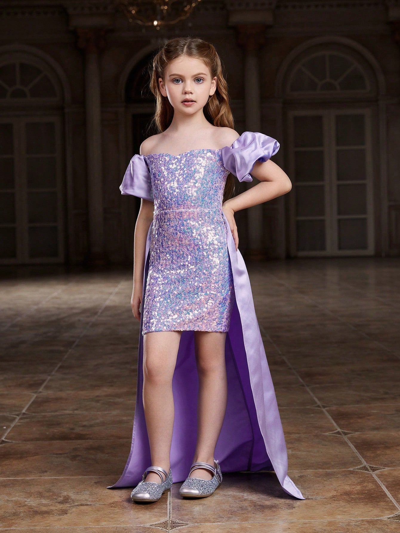 Tween Girl Off Shoulder Sequined Puff Sleeve Party Dress - High Waist, Asymmetrical Hem