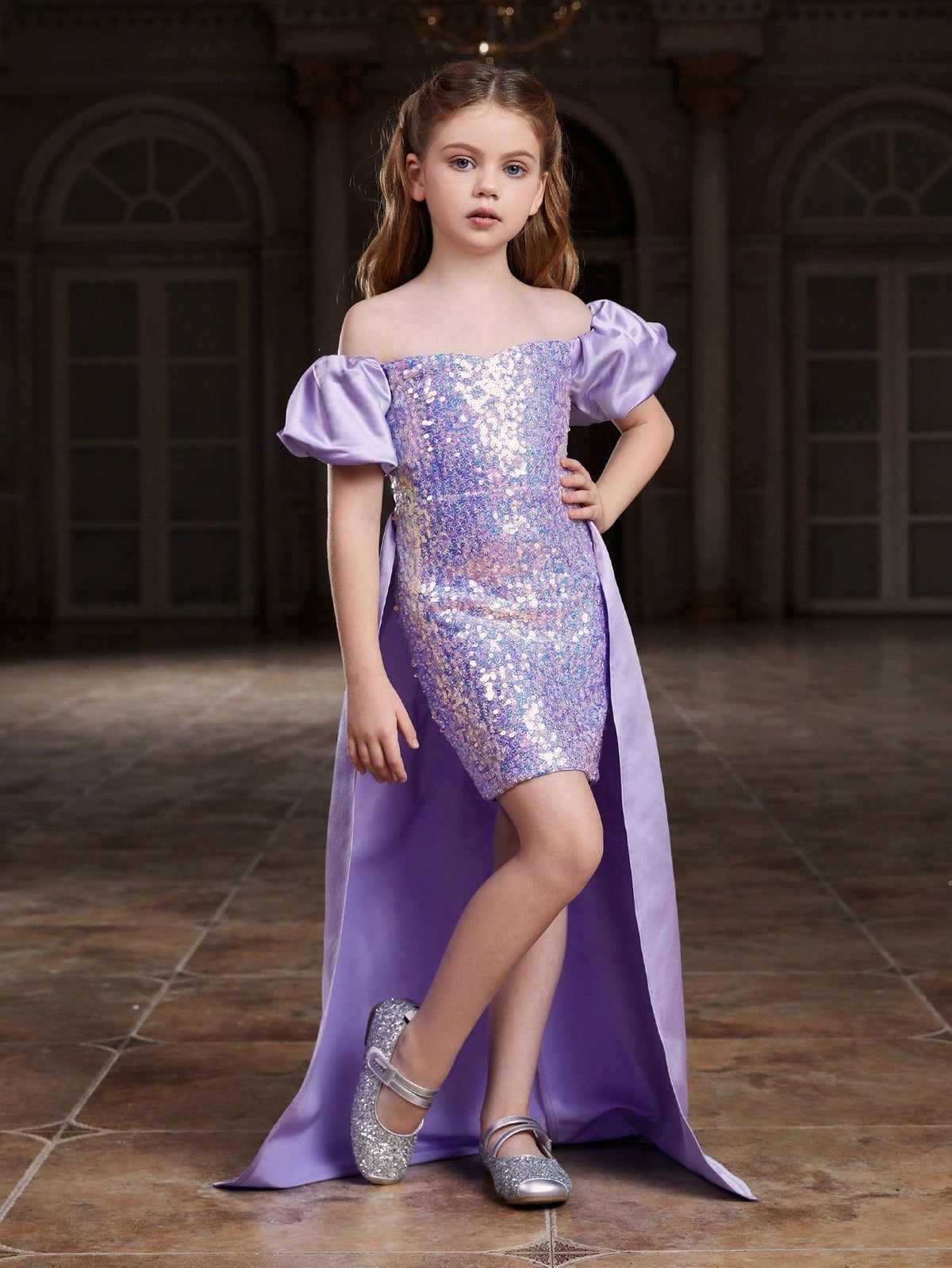 Tween Girl Off Shoulder Sequined Puff Sleeve Party Dress - High Waist, Asymmetrical Hem