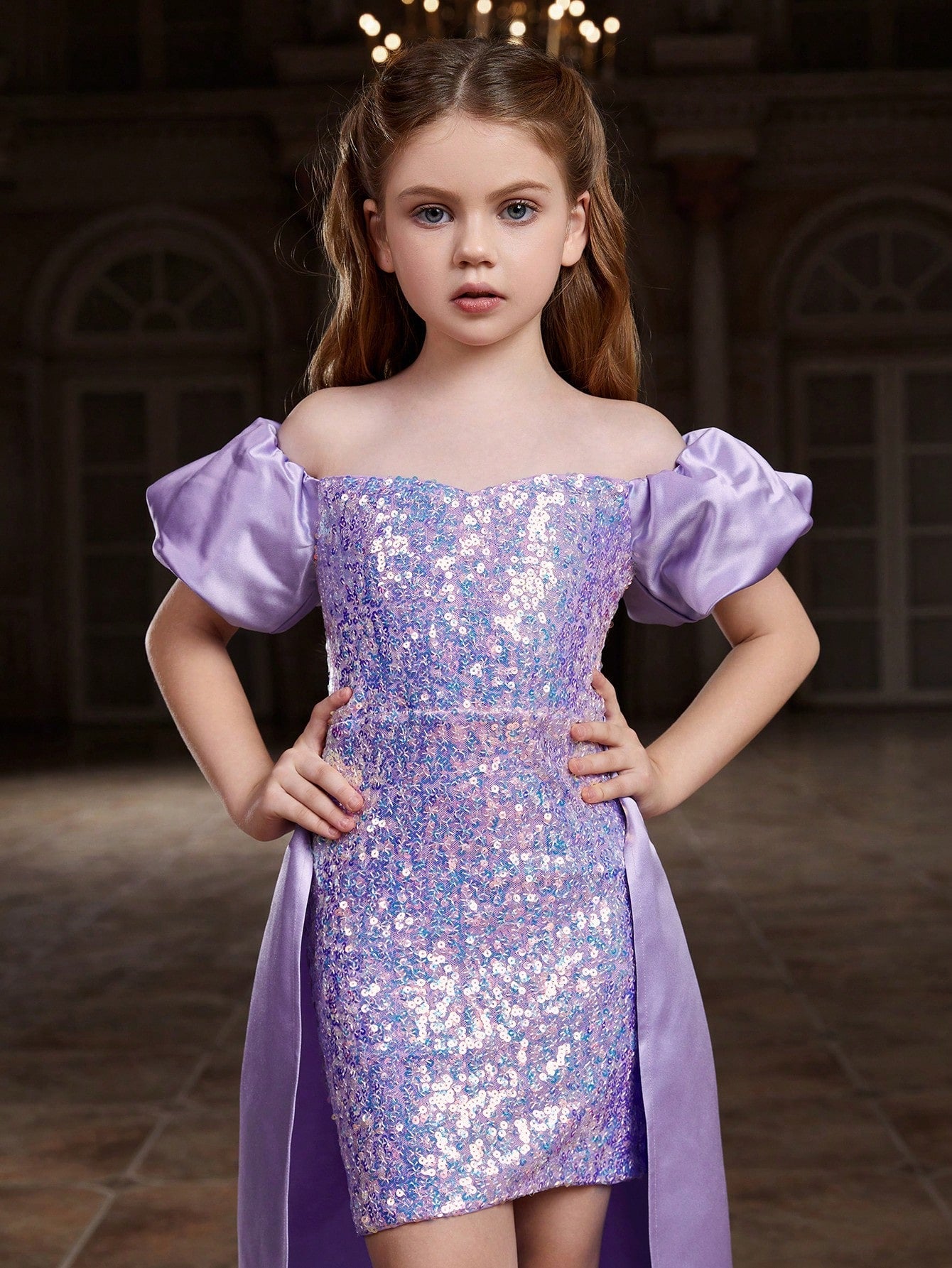 Tween Girl Off Shoulder Sequined Puff Sleeve Party Dress - High Waist, Asymmetrical Hem