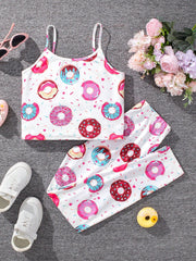 Cute Tween Girl Doughnut Pattern Knit Camisole Top & Shorts Set - Daily Casual Wear