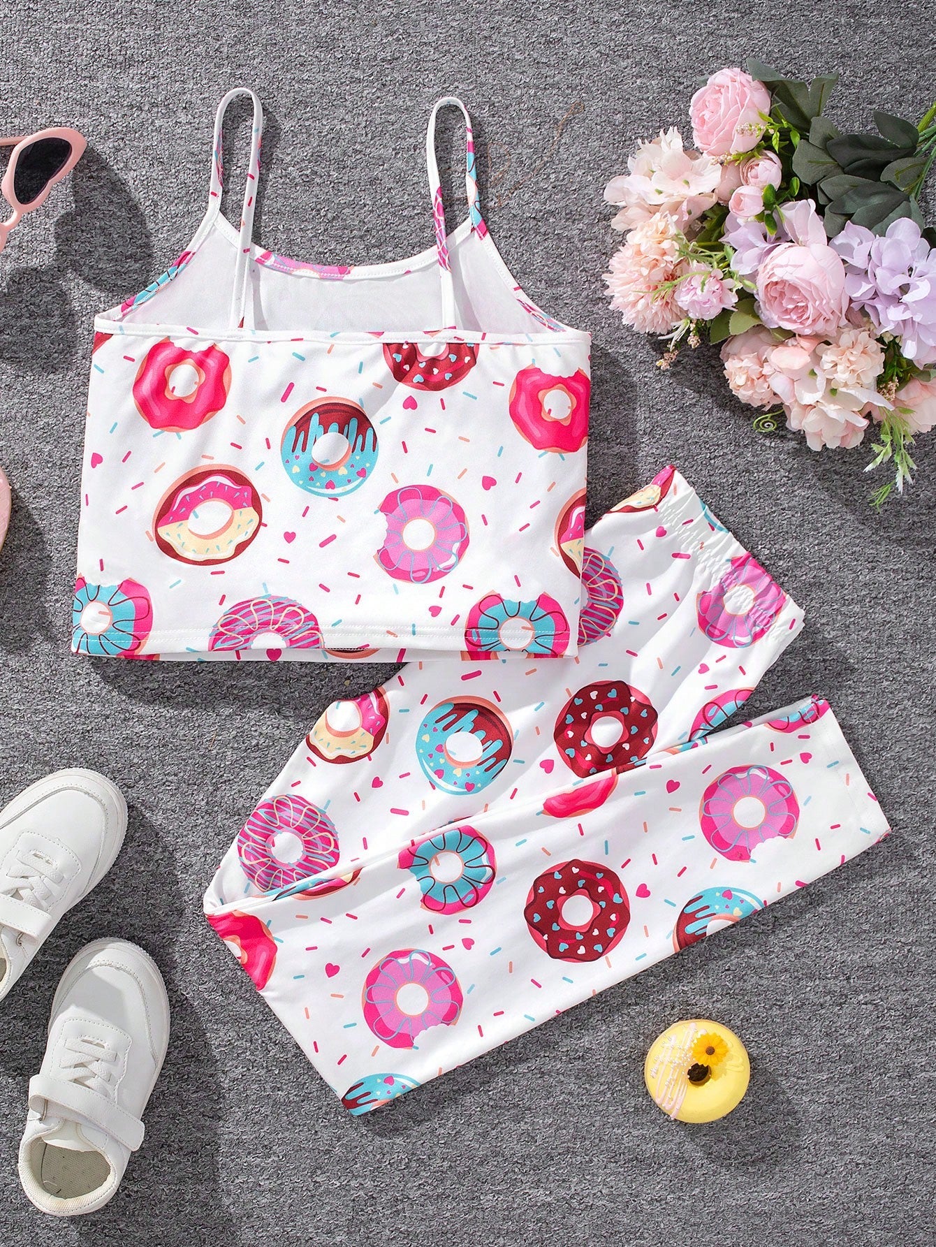 Cute Tween Girl Doughnut Pattern Knit Camisole Top & Shorts Set - Daily Casual Wear