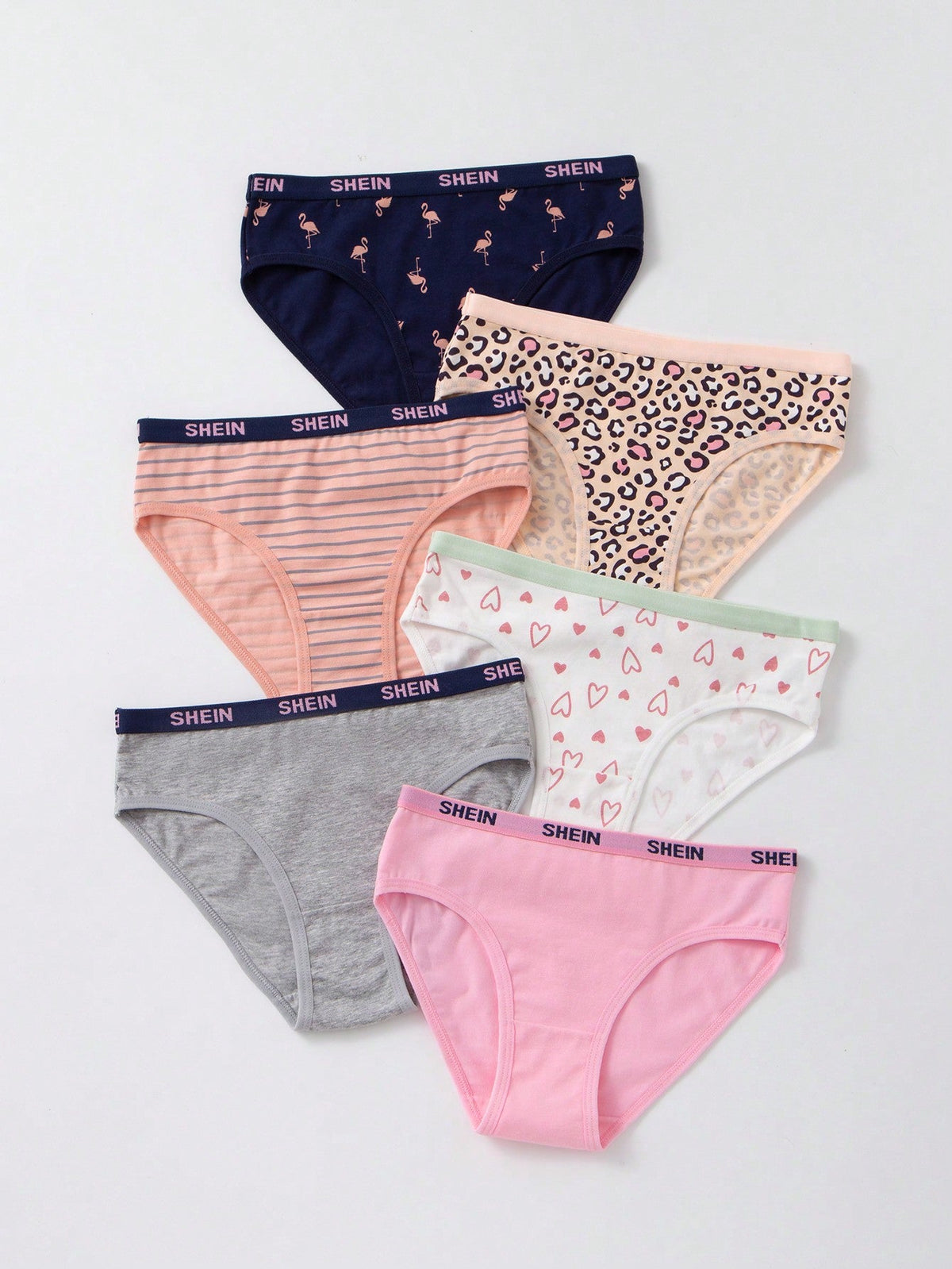 Tween Girl 6pcs Comfortable Underwear Set - Leopard, Heart, Stripes, Flamingo & Letter Prints