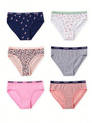 Tween Girl 6pcs Comfortable Underwear Set - Leopard, Heart, Stripes, Flamingo & Letter Prints