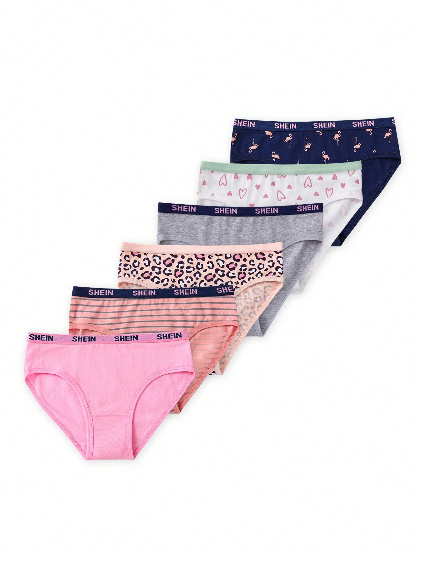 Tween Girl 6pcs Comfortable Underwear Set - Leopard, Heart, Stripes, Flamingo & Letter Prints