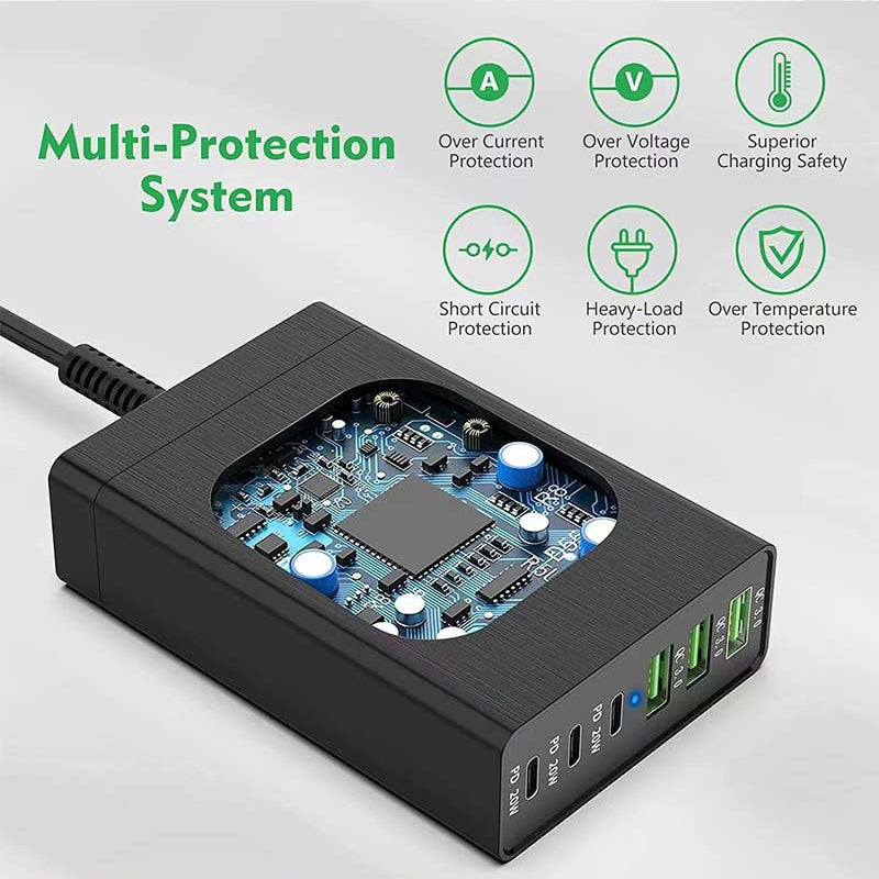 6-Port USB PD Charger: 3 USB-C + 3 USB-A, Fast Charging Station for iPhone, Hui, Samsung, Oppo