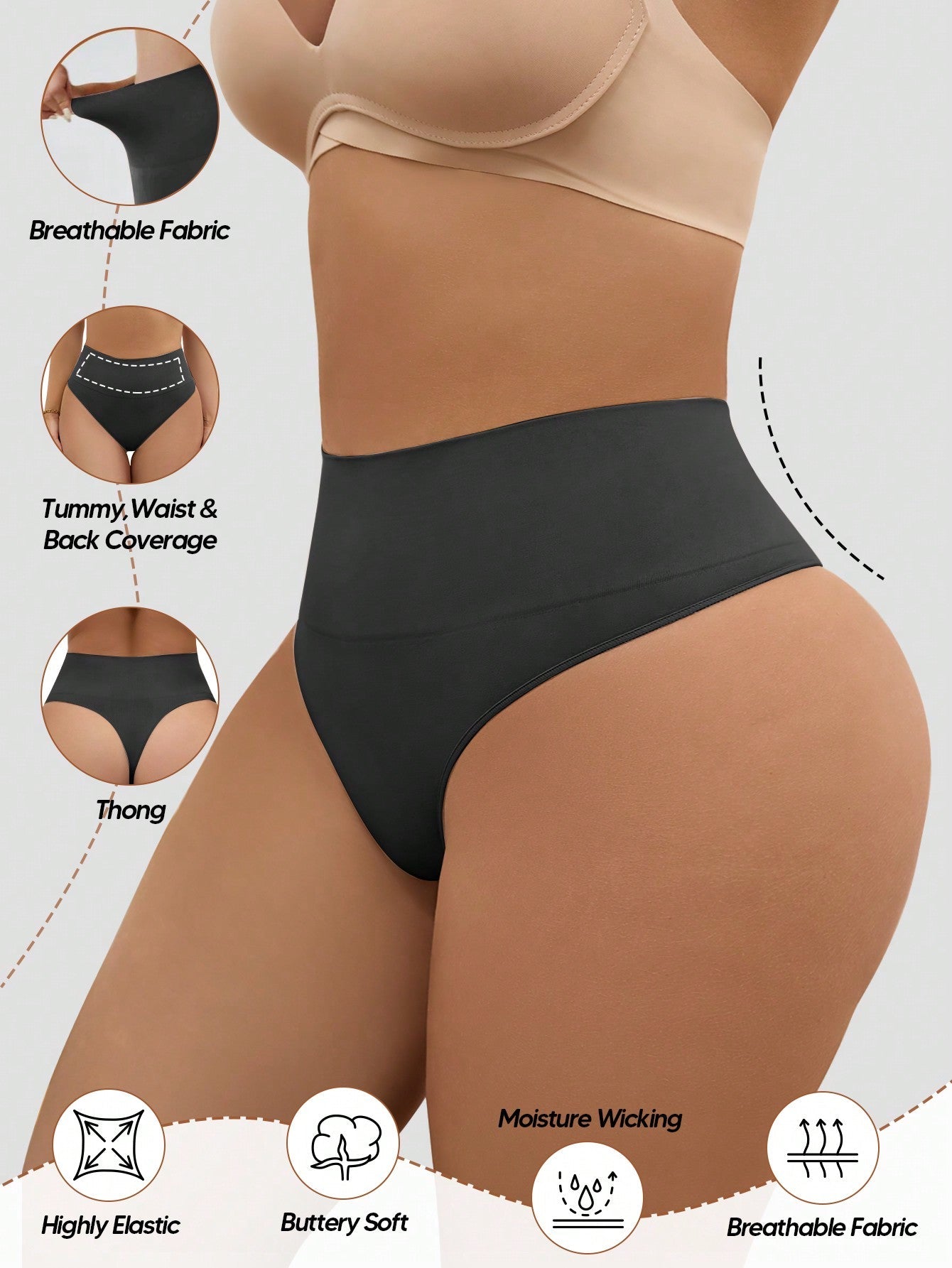 Women's Tummy Control Thong Shapewear - Mid High Waist Butt Lift Panties