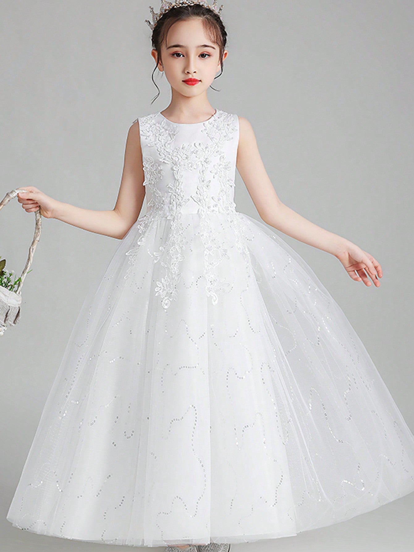 Tween Girl Lace Beaded Party Dress - Sleeveless Fit & Flare Ball Gown