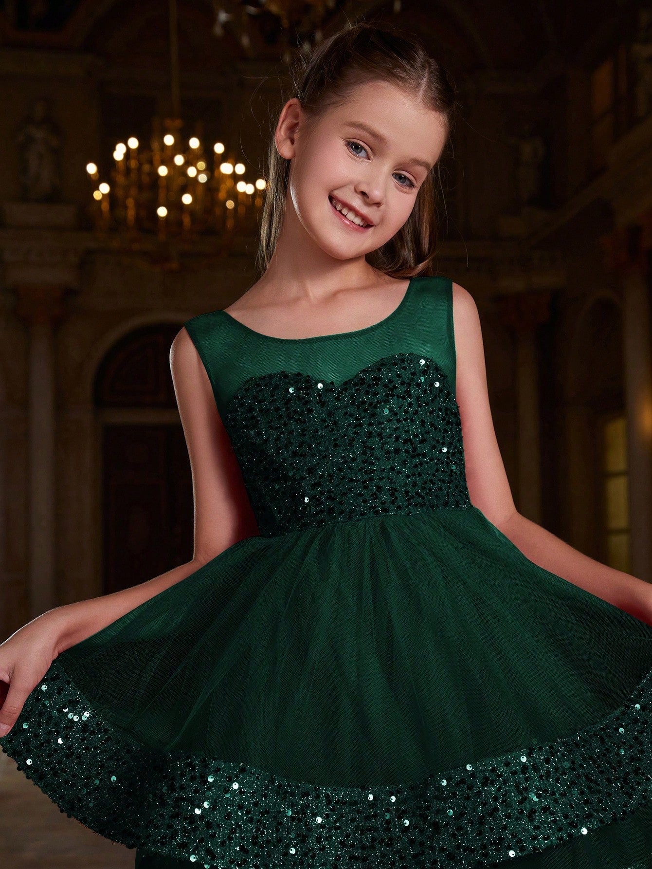 Big Girls' Sequin A-line Party Dress - Sleeveless, High Waist, Layered Tulle Hem