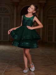 Big Girls' Sequin A-line Party Dress - Sleeveless, High Waist, Layered Tulle Hem