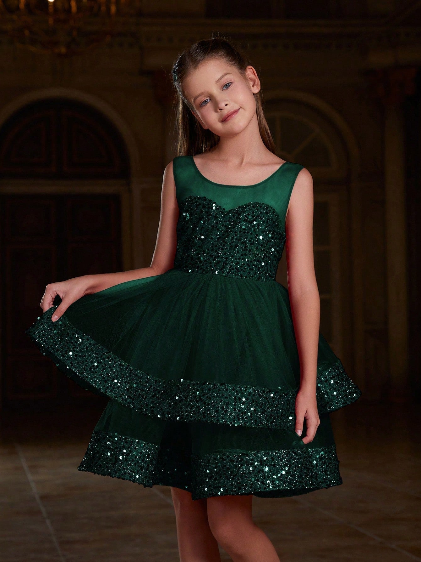 Big Girls' Sequin A-line Party Dress - Sleeveless, High Waist, Layered Tulle Hem