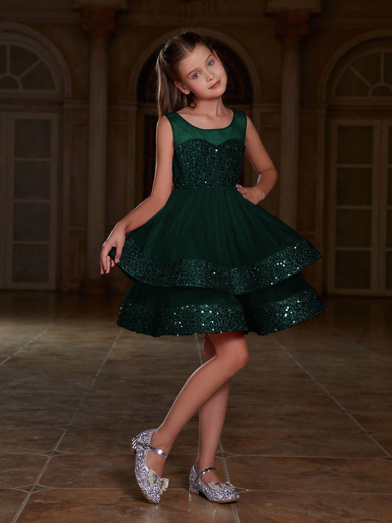 Big Girls' Sequin A-line Party Dress - Sleeveless, High Waist, Layered Tulle Hem