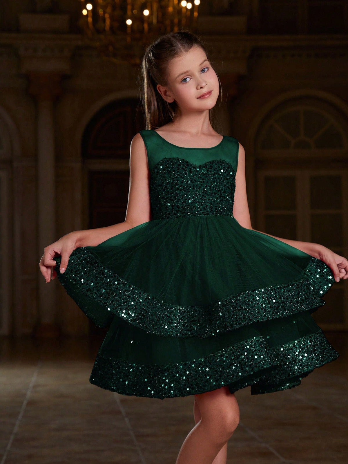 Big Girls' Sequin A-line Party Dress - Sleeveless, High Waist, Layered Tulle Hem