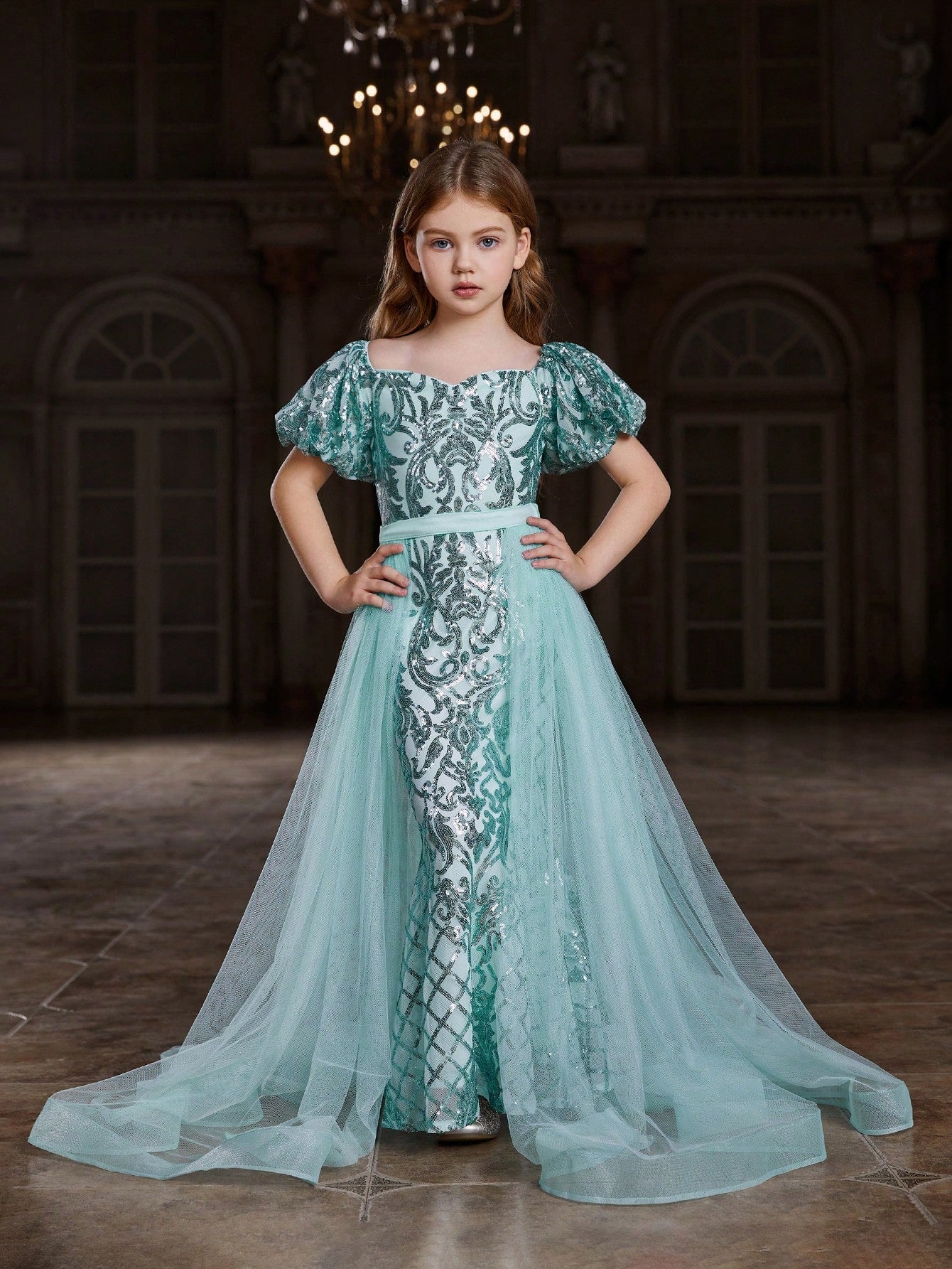 Tween Girl Sparkly Puff Sleeve Party Dress with Sheer Waist Paneling - A-Line, Long, Sweetheart Neckline