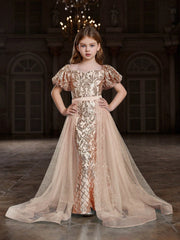 Tween Girl Sparkly Puff Sleeve Party Dress with Sheer Waist Paneling - A-Line, Long, Sweetheart Neckline