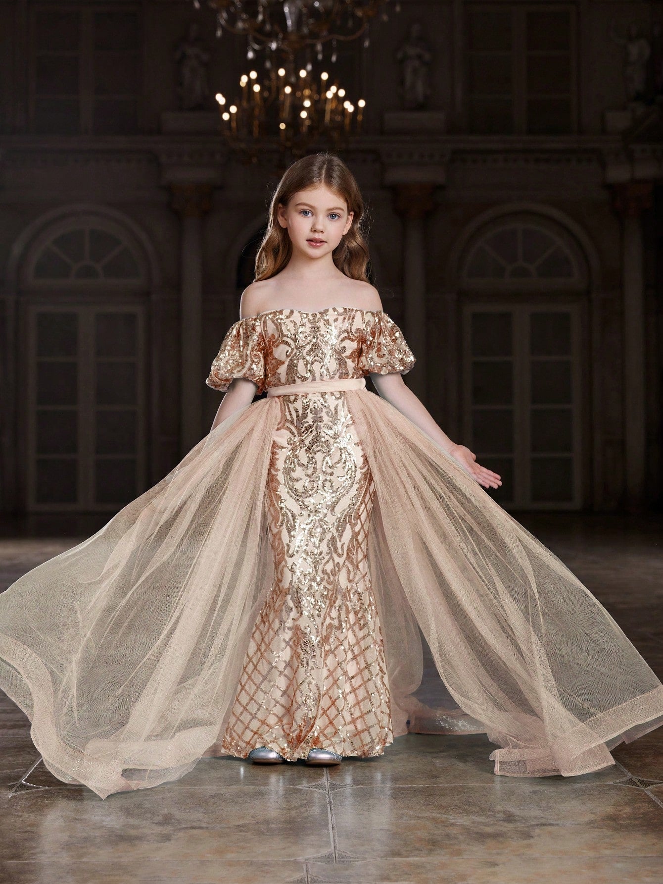 Tween Girl Sparkly Puff Sleeve Party Dress with Sheer Waist Paneling - A-Line, Long, Sweetheart Neckline