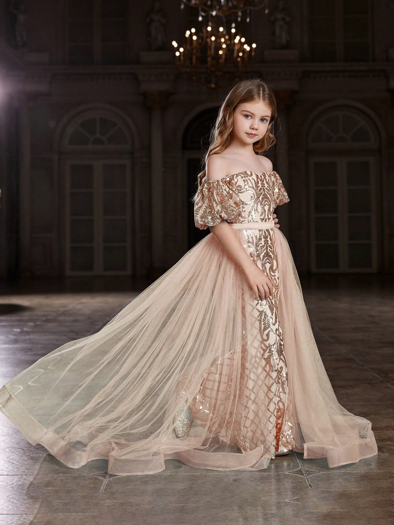 Tween Girl Sparkly Puff Sleeve Party Dress with Sheer Waist Paneling - A-Line, Long, Sweetheart Neckline