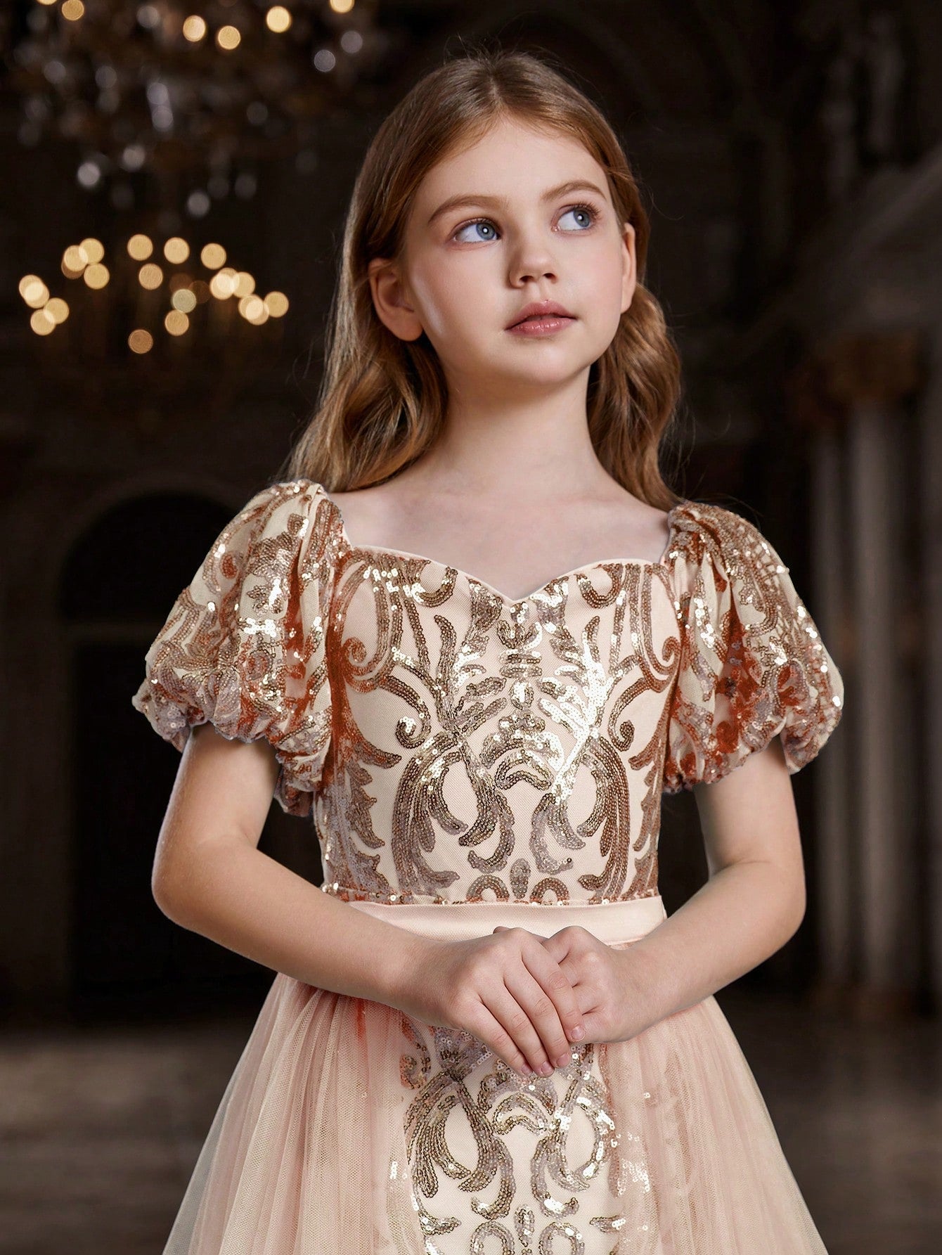 Tween Girl Sparkly Puff Sleeve Party Dress with Sheer Waist Paneling - A-Line, Long, Sweetheart Neckline