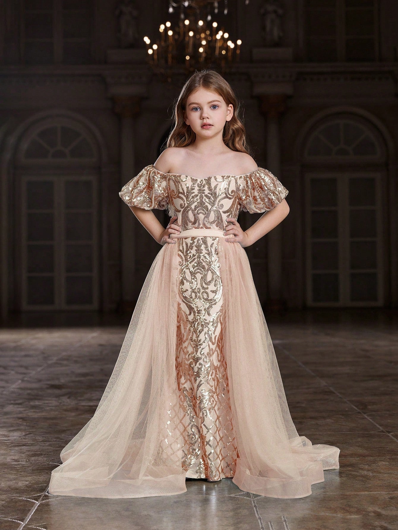 Tween Girl Sparkly Puff Sleeve Party Dress with Sheer Waist Paneling - A-Line, Long, Sweetheart Neckline