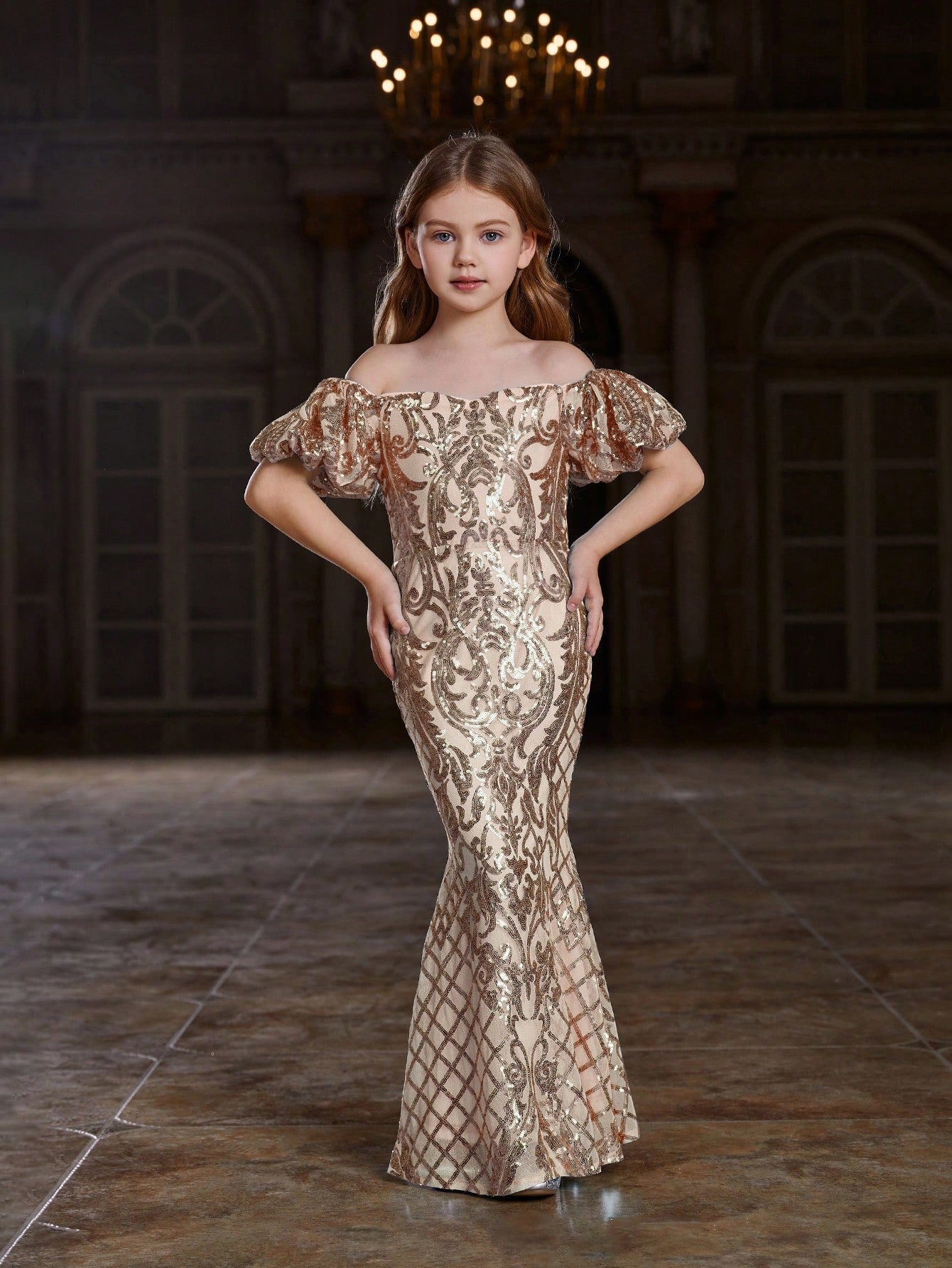 Tween Girl Sparkly Puff Sleeve Party Dress with Sheer Waist Paneling - A-Line, Long, Sweetheart Neckline