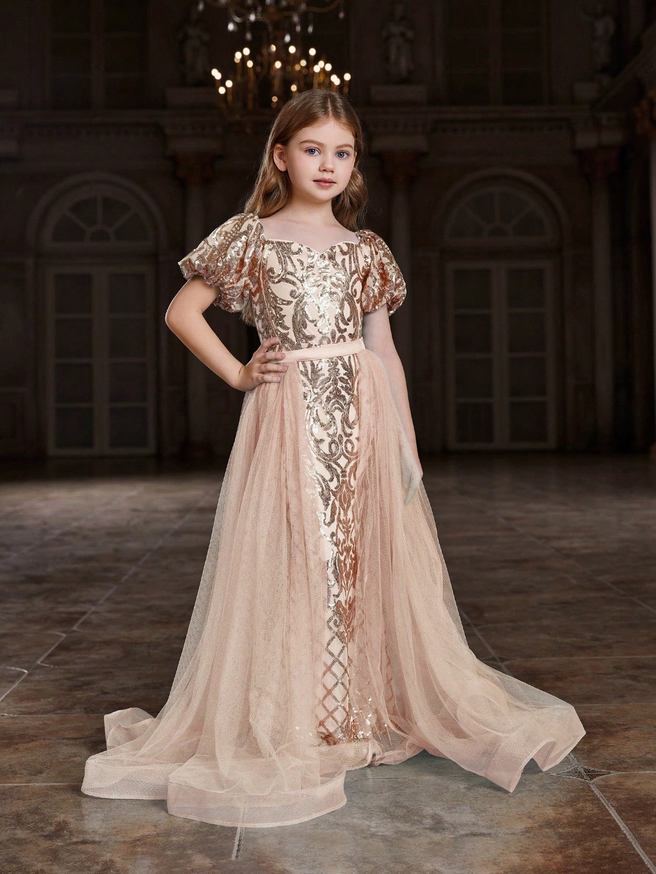 Tween Girl Sparkly Puff Sleeve Party Dress with Sheer Waist Paneling - A-Line, Long, Sweetheart Neckline