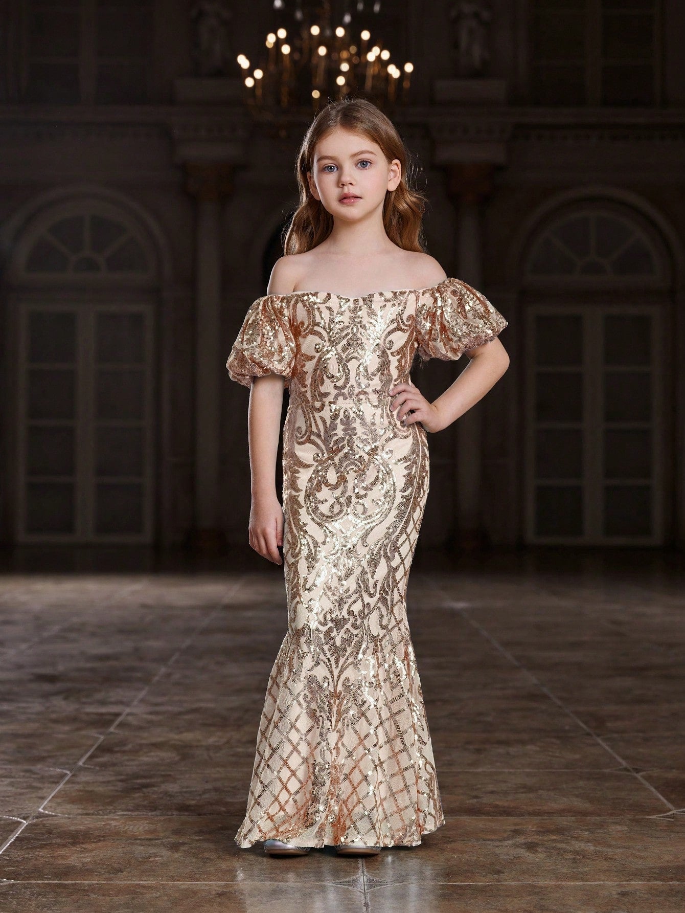 Tween Girl Sparkly Puff Sleeve Party Dress with Sheer Waist Paneling - A-Line, Long, Sweetheart Neckline