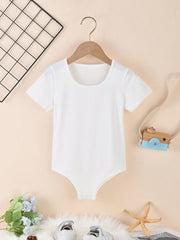 Tween Girl Casual Round Neck Short-Sleeved Solid Color Bodysuit - High Stretch Fabric