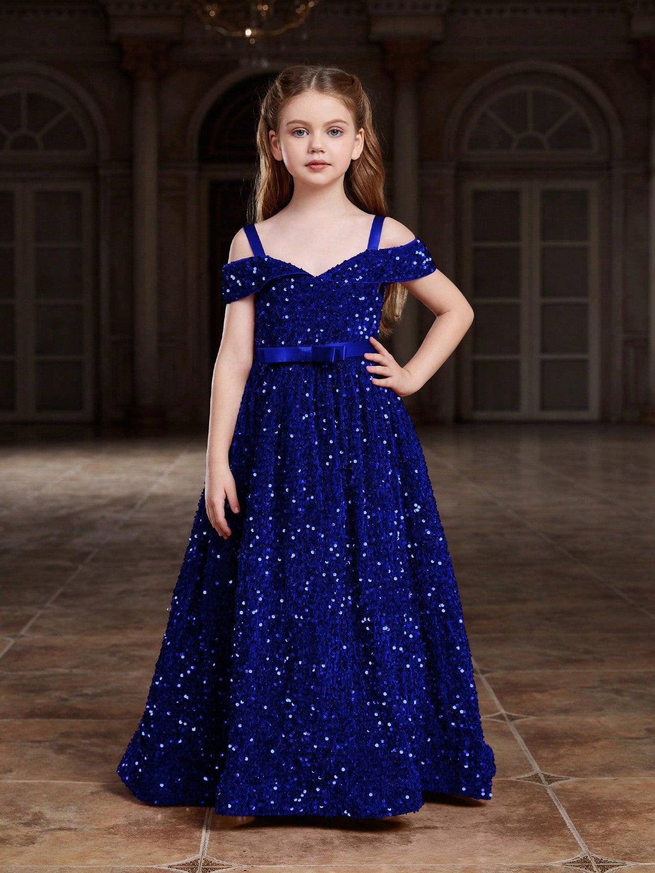 Tween Girl Sequin Party Dress - Open Shoulder, Butterfly Adorned, A-Line, High Waist