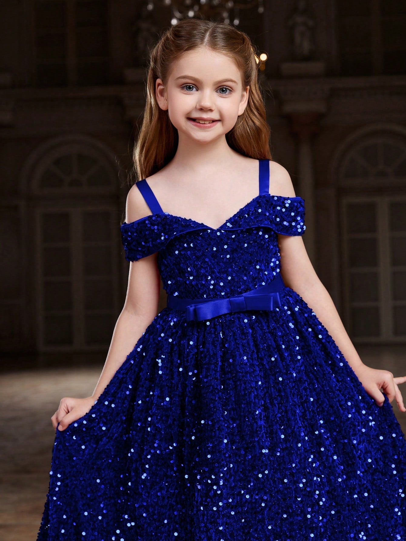 Tween Girl Sequin Party Dress - Open Shoulder, Butterfly Adorned, A-Line, High Waist