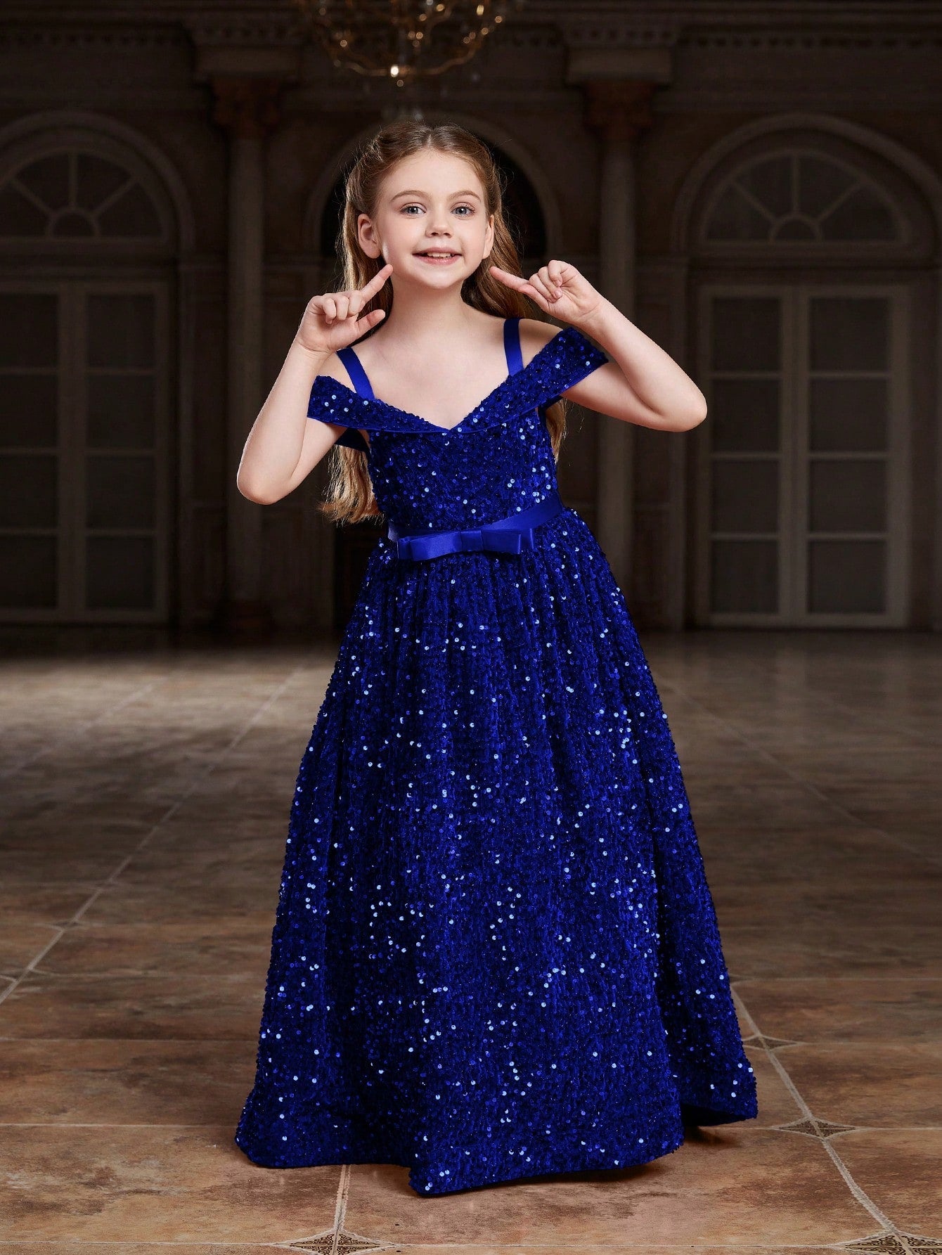 Tween Girl Sequin Party Dress - Open Shoulder, Butterfly Adorned, A-Line, High Waist