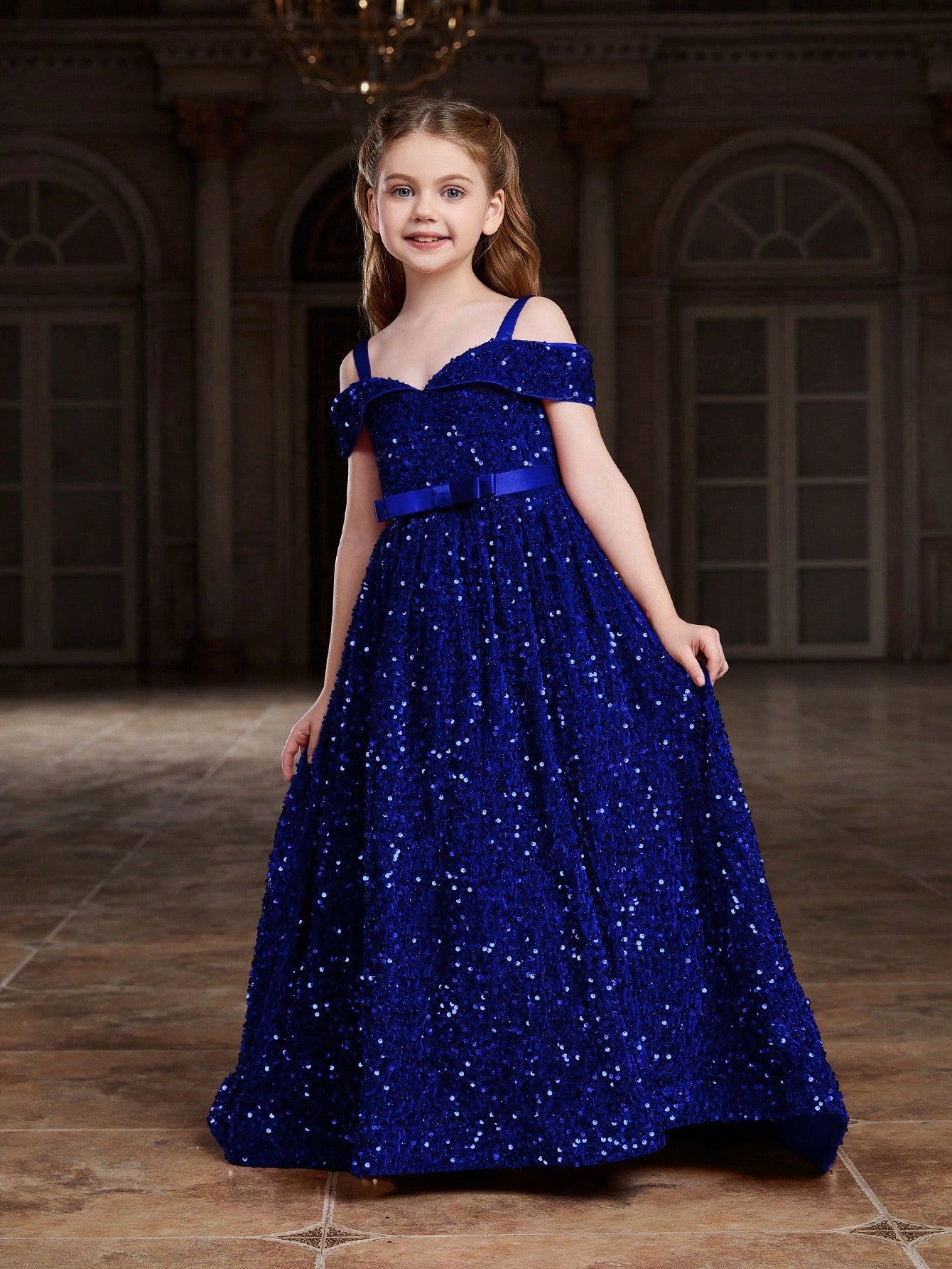 Tween Girl Sequin Party Dress - Open Shoulder, Butterfly Adorned, A-Line, High Waist