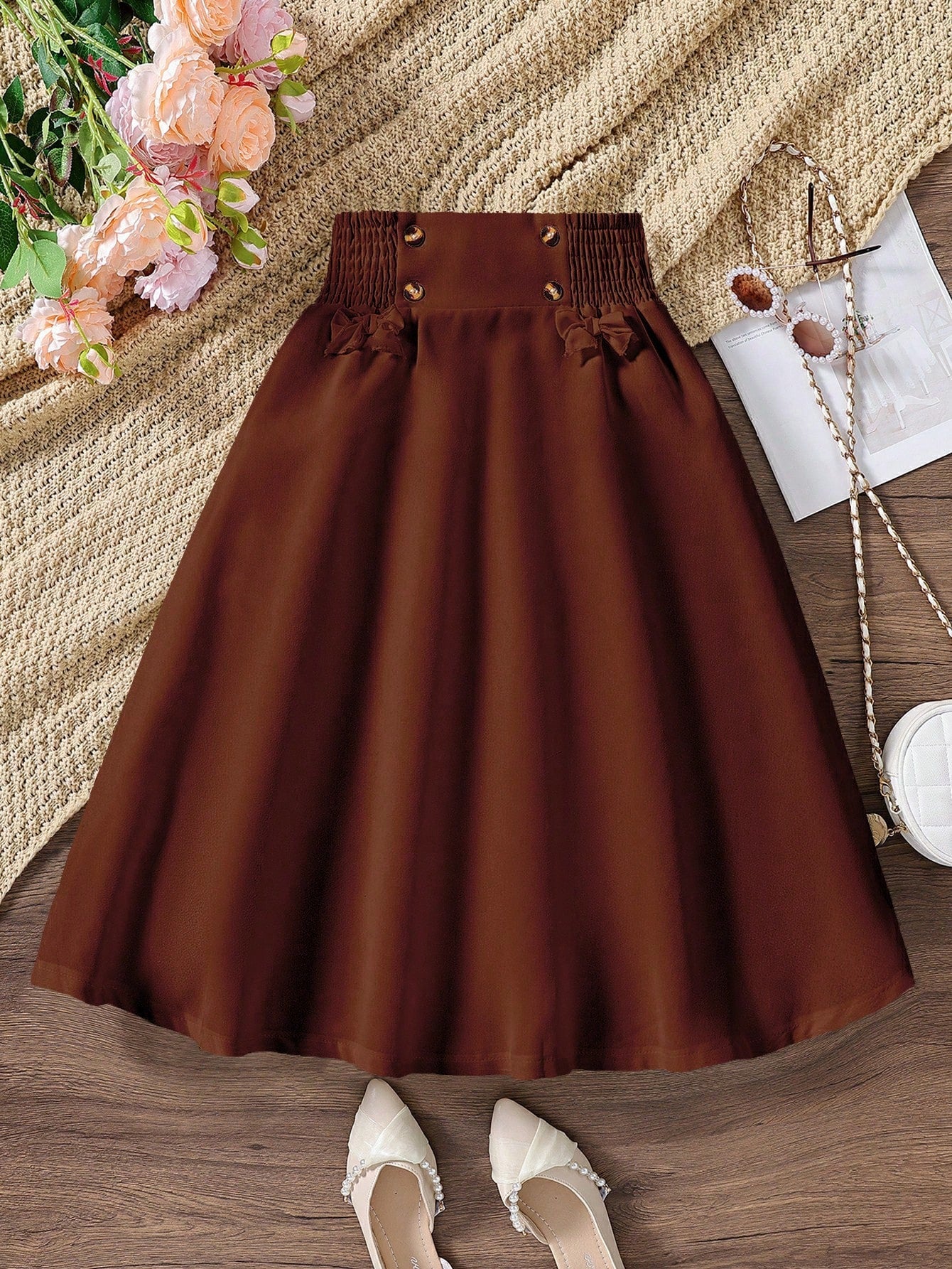 Casual Tween Girl Flare Skirt - Paperbag Waist, Plain, Midi Length, Loose Fit, 100% Polyester