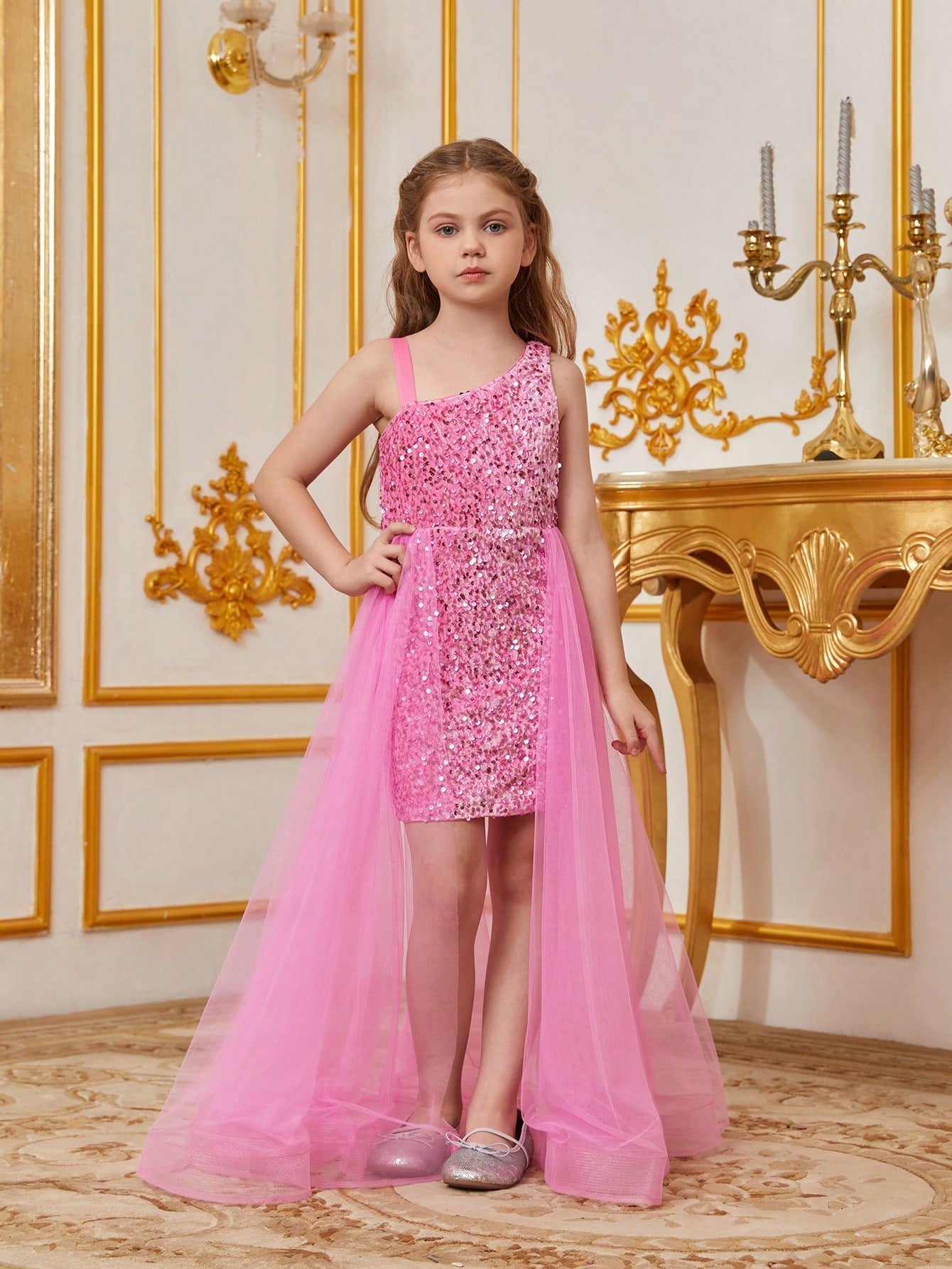 Tween Girl Party Dress - Asymmetric Collar, Sequin, Mesh, High Waist, Maxi Length