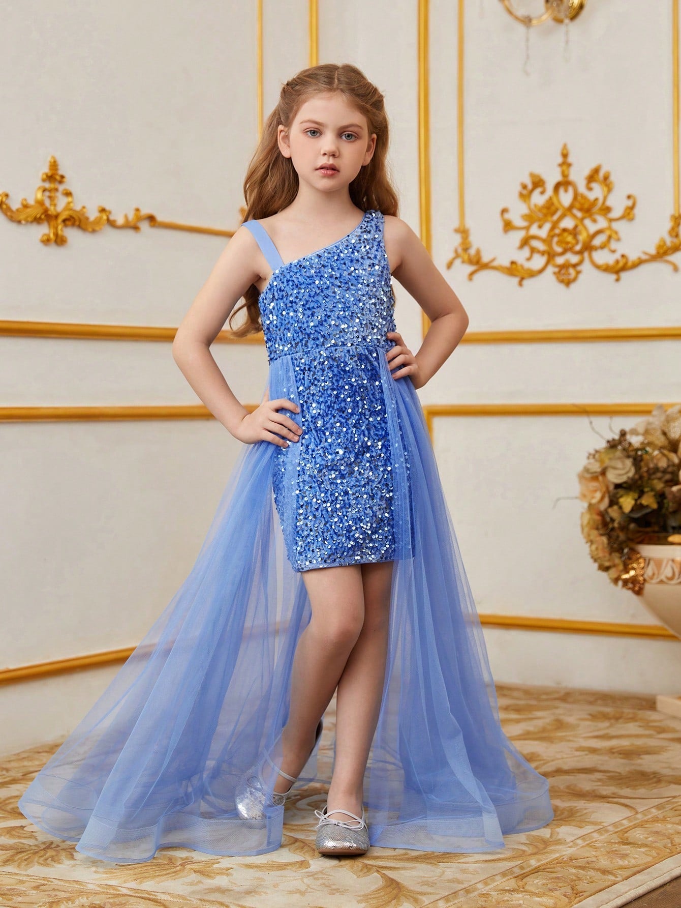 Tween Girl Party Dress - Asymmetric Collar, Sequin, Mesh, High Waist, Maxi Length