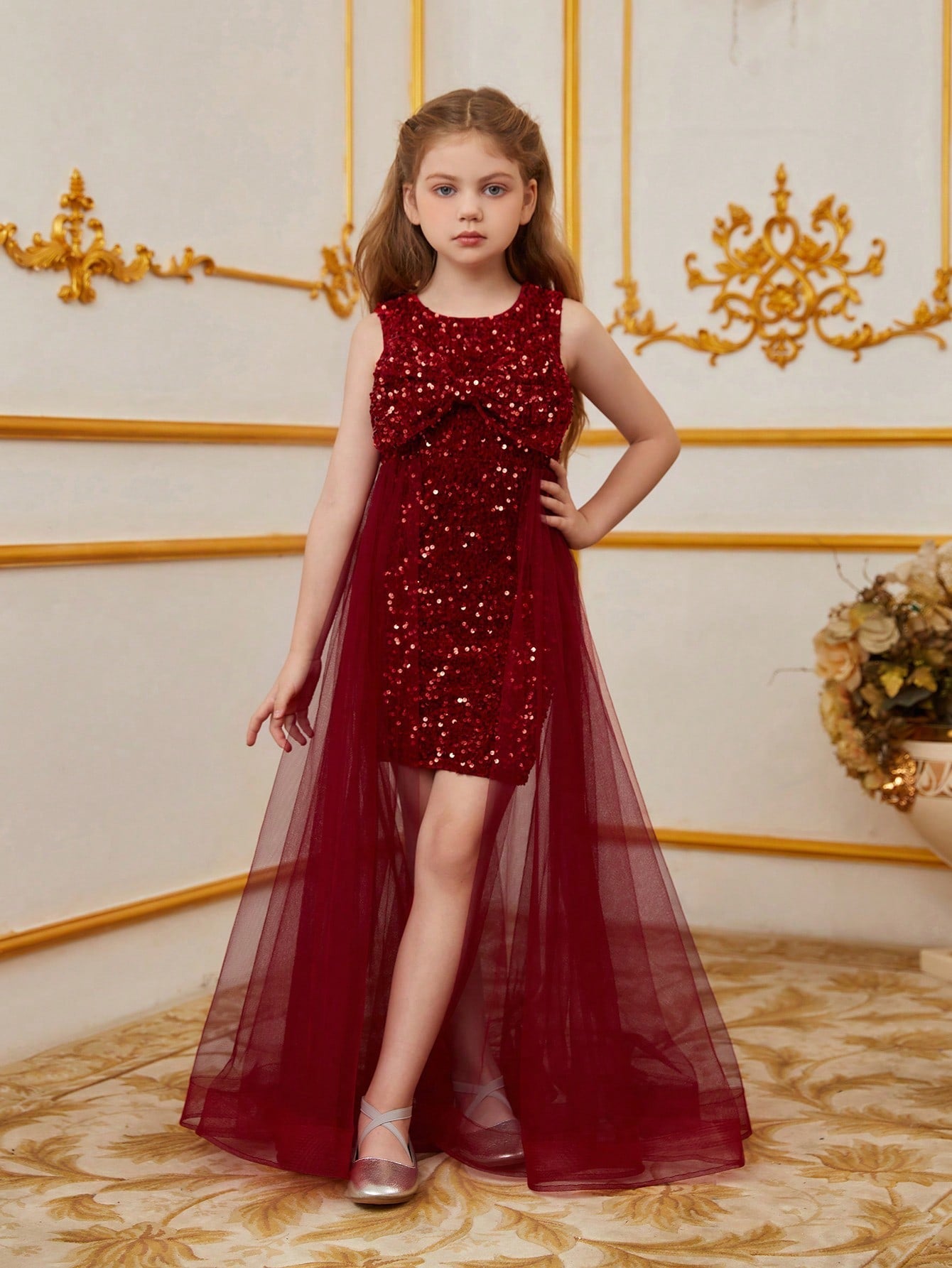 Tween Girl Sleeveless Party Dress - Mesh, Glitter Sequin, Bow, A-Line, High Waist