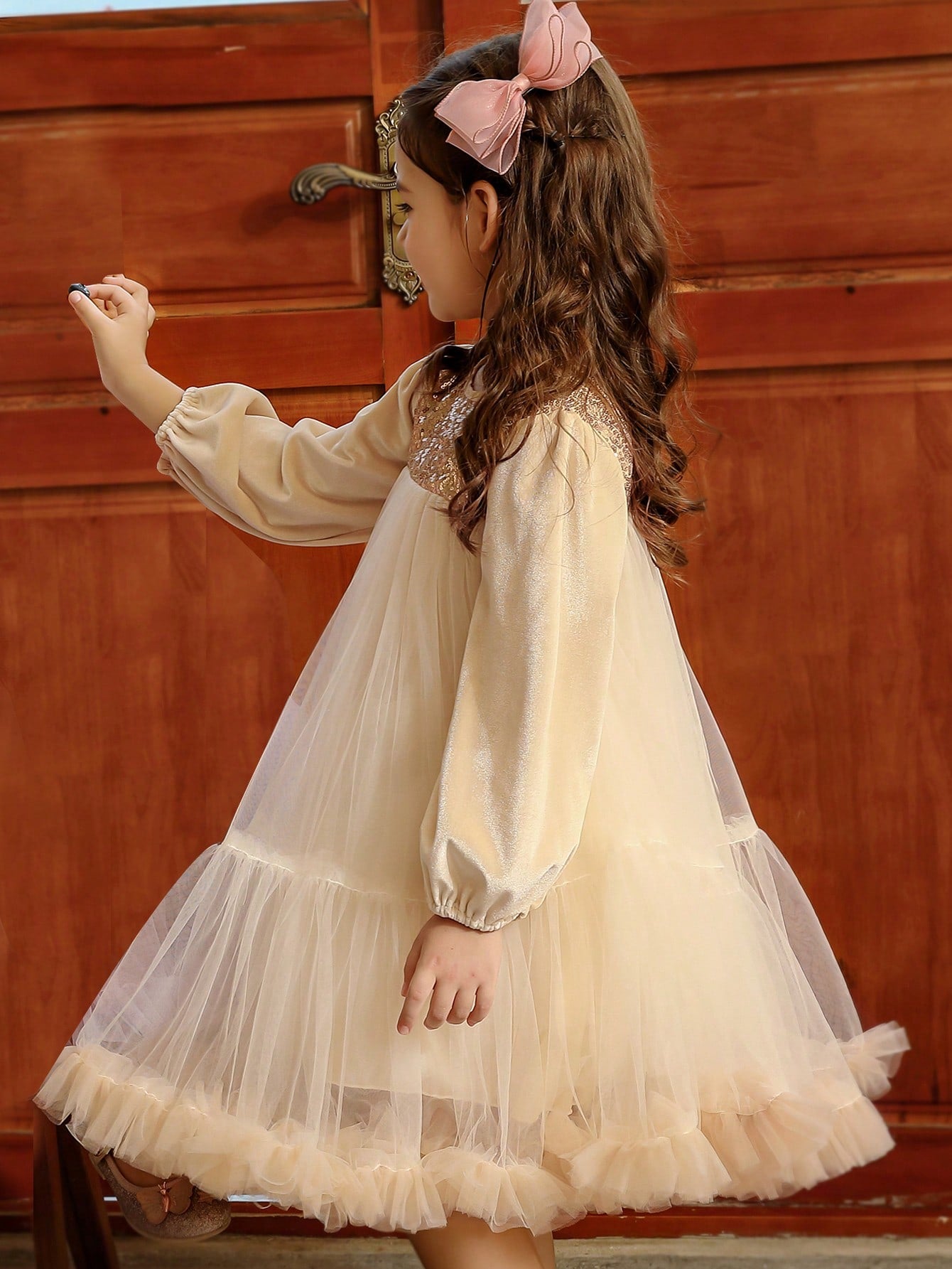 Champagne Velvet Princess Dress for Tween Girls - Long Sleeve, Tulle Skirt, Ruffle Hem