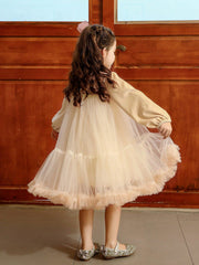 Champagne Velvet Princess Dress for Tween Girls - Long Sleeve, Tulle Skirt, Ruffle Hem