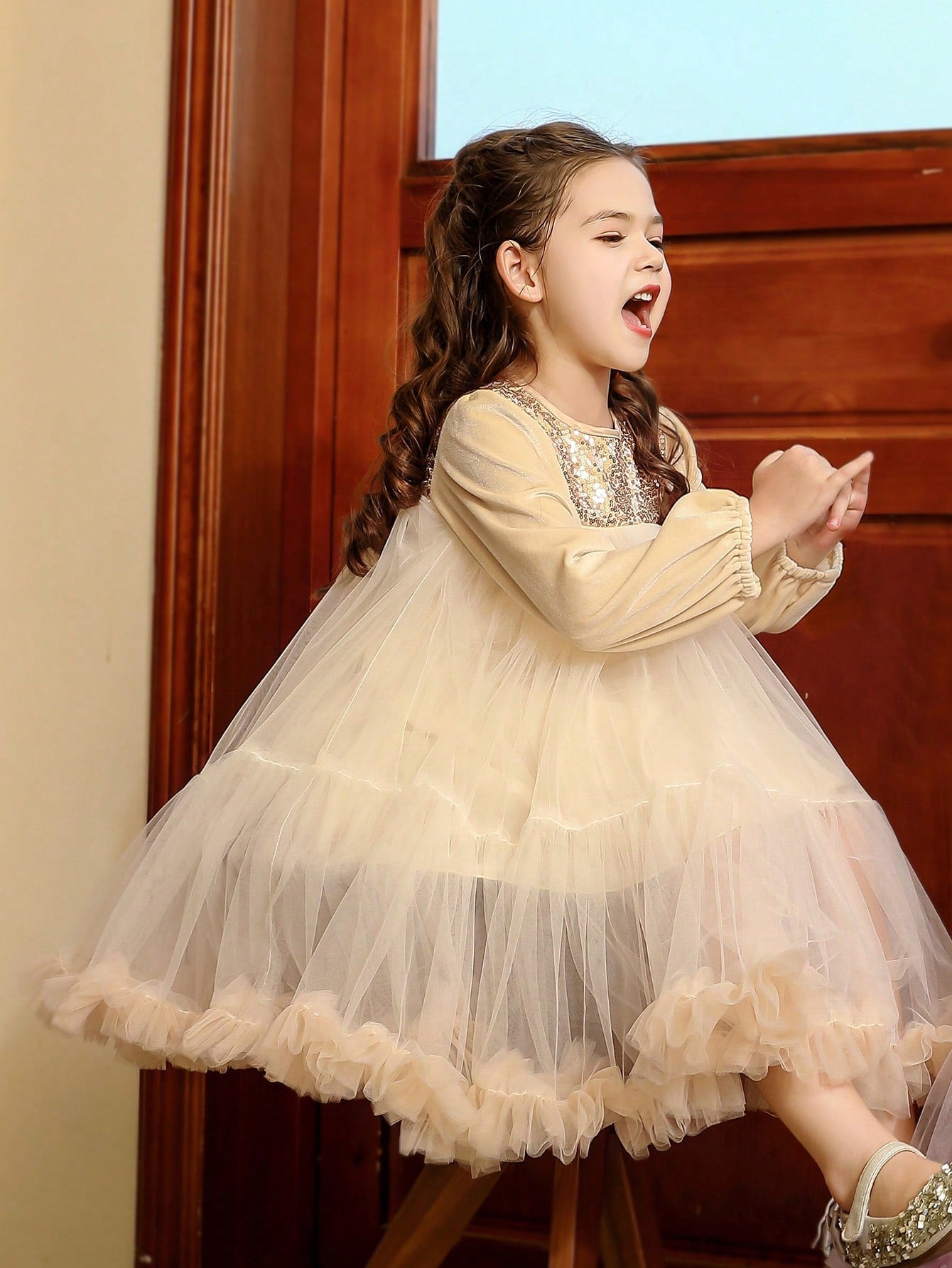 Champagne Velvet Princess Dress for Tween Girls - Long Sleeve, Tulle Skirt, Ruffle Hem