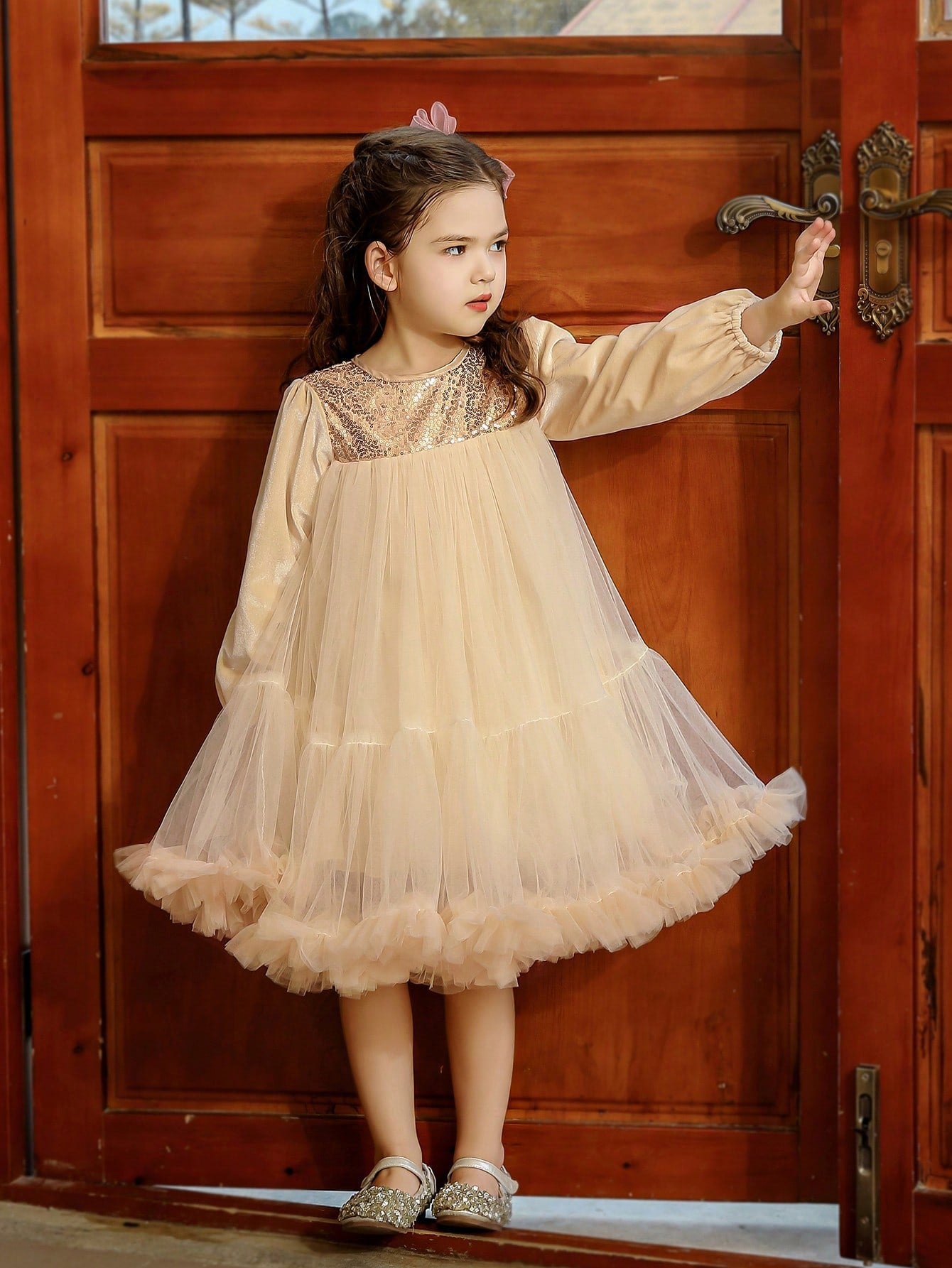 Champagne Velvet Princess Dress for Tween Girls - Long Sleeve, Tulle Skirt, Ruffle Hem