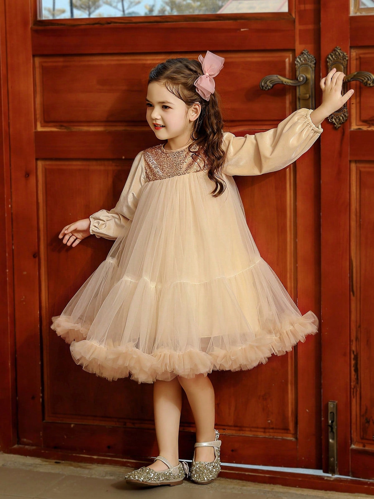 Champagne Velvet Princess Dress for Tween Girls - Long Sleeve, Tulle Skirt, Ruffle Hem