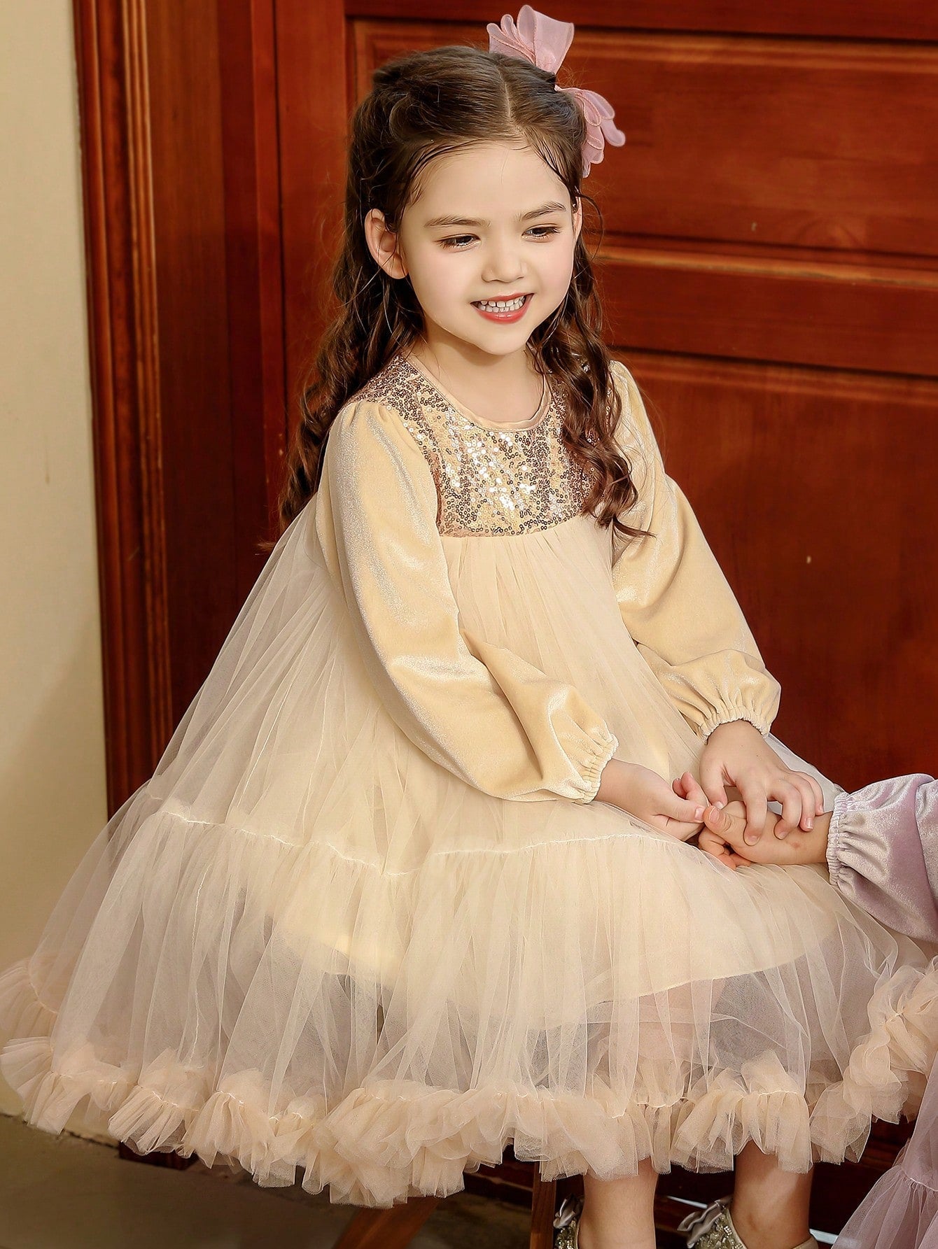 Champagne Velvet Princess Dress for Tween Girls - Long Sleeve, Tulle Skirt, Ruffle Hem