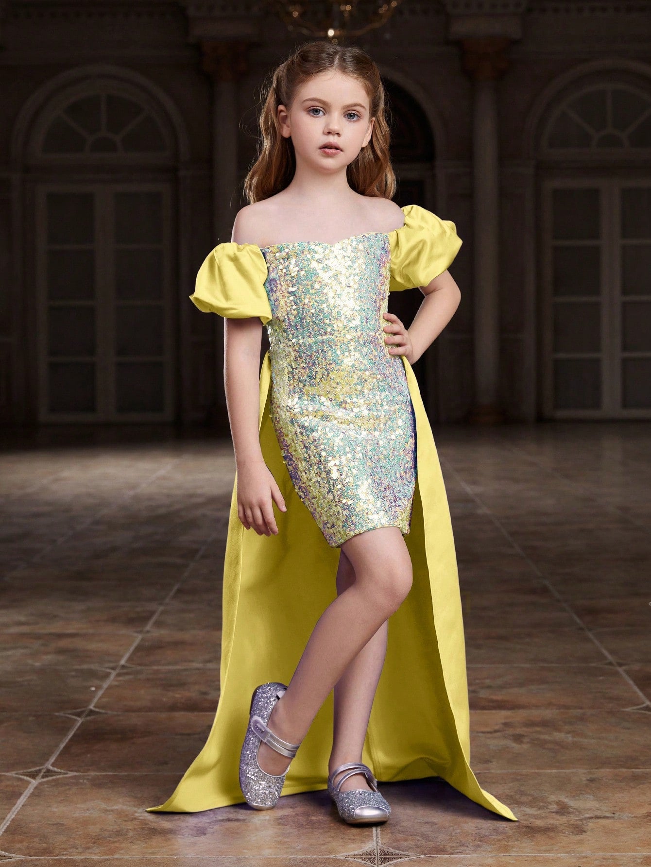 Tween Girl Off Shoulder Sequined Puff Sleeve Party Dress - High Waist, Asymmetrical Hem