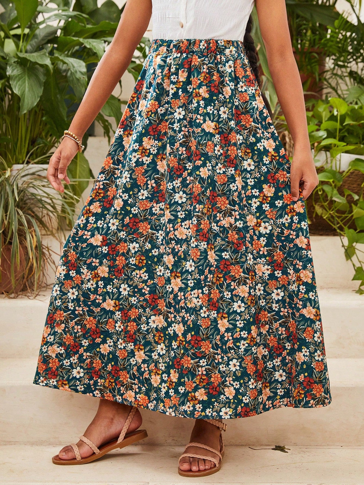 Boho Floral Print Skirt for Tween Girls - Long, Flared, Natural Waist, Vacation Ready